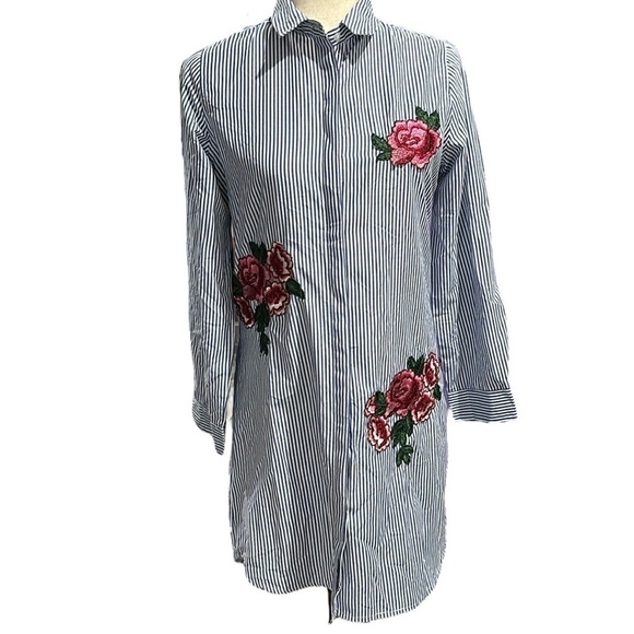 Style House Tops - Striped Embroidered Button-down Blouse Tunic Dresa